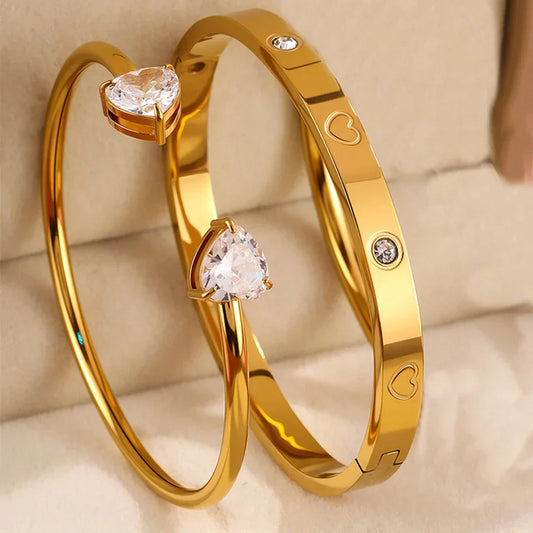 Armreif in Gold mit Herz und Glitzerstein, einzeln oder im Set